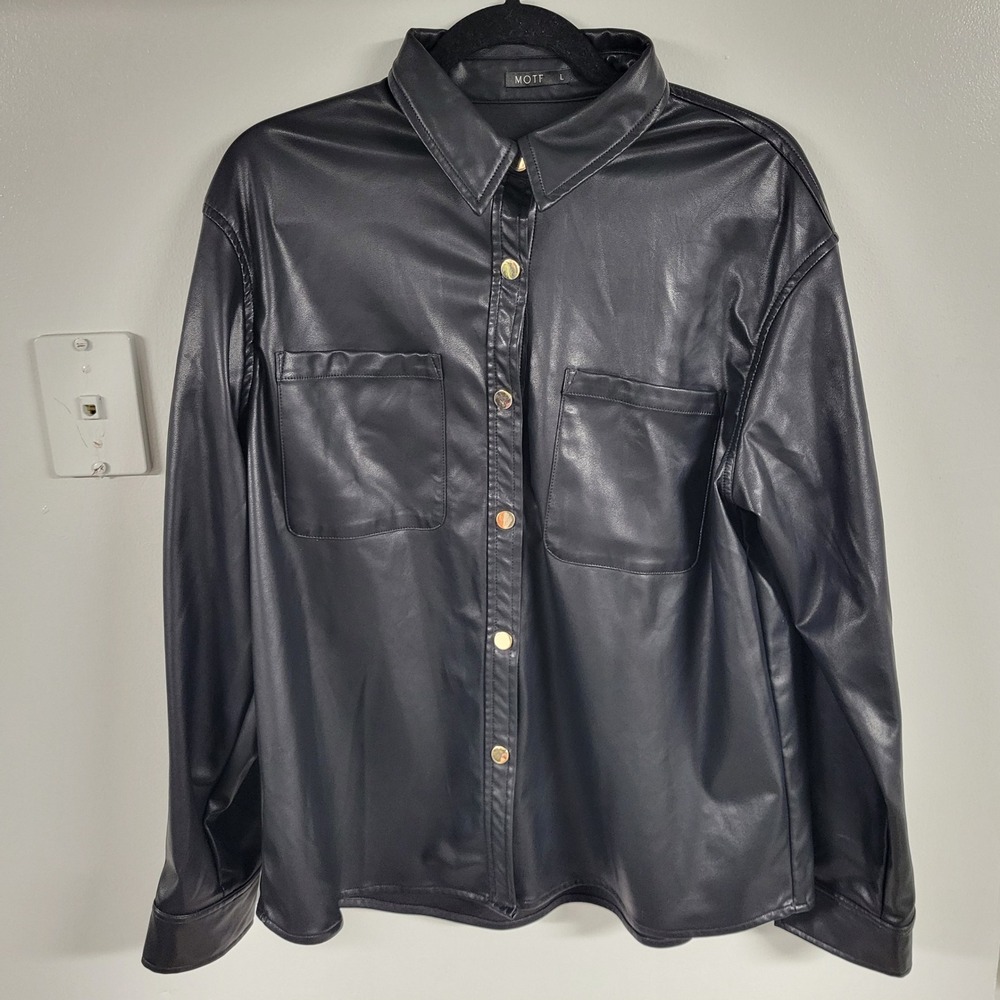 MOTF Shein Black Faux Vegan Leather Button Down Shirt Shacket Gold Buttons L